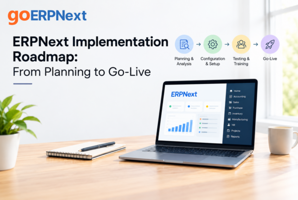 ERPNext implementation roadmap showing planning, configuration, testing, training, and go-live phases