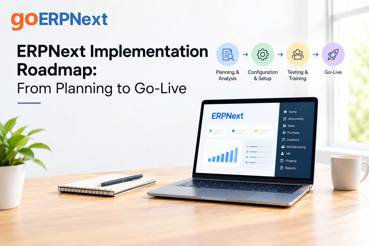 ERPNext implementation roadmap showing planning, configuration, testing, training, and go-live phases